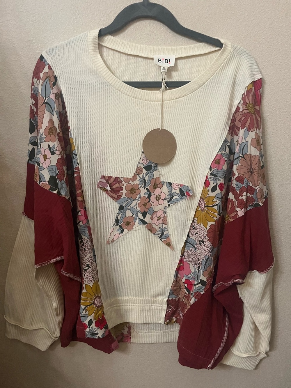 BiBi Cream & Burgundy Floral Star Patch Women's Sweater